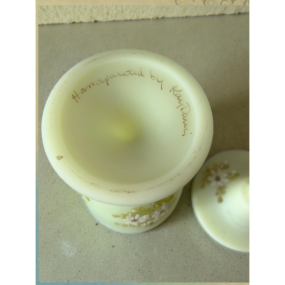 Fenton Custard Uranium Glass Candy Dish Hand Painted Kay Davis Floral Glows - Picture 5 of 15